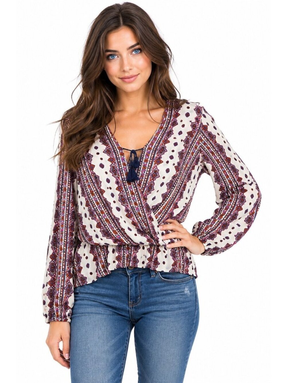 Hollister Boho Paisley Wrap Blouse Ivory Purple Pink Long Sleeve Size Large
